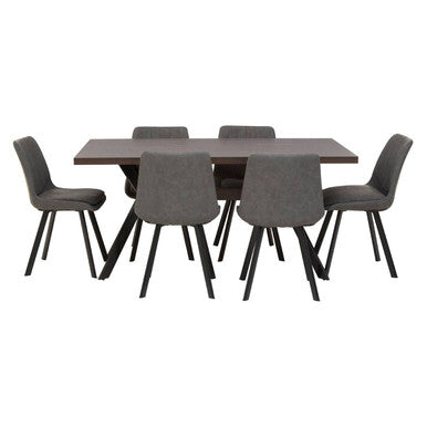 Dining table set with six gray chairs on a white background
