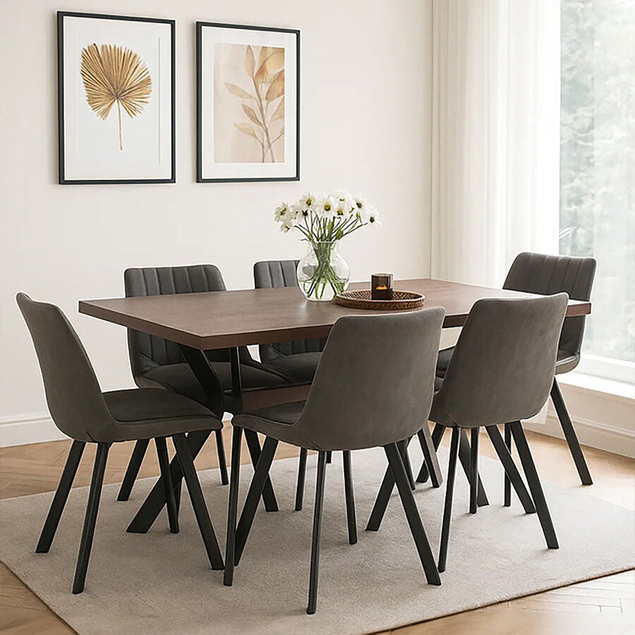 Grey Wooden Top and Metal Legs Rectangle Dining Table with 6 Brown Chairs Set, Westford