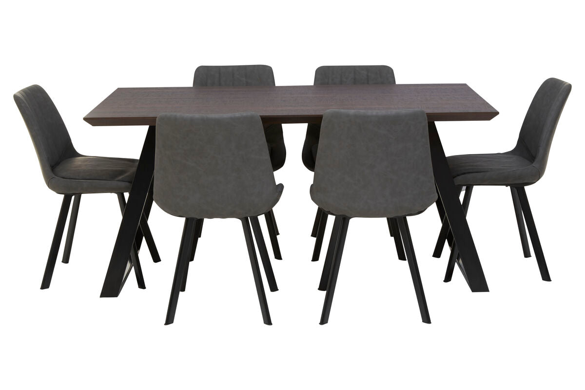 Black dining table with six matching chairs on a white background