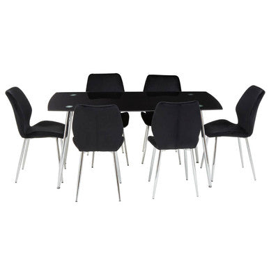 Black dining table with six matching chairs on a white background