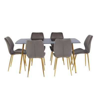 Dining table set with six gray chairs on a white background