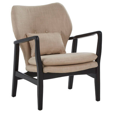 Beige armchair with black frame on a white background