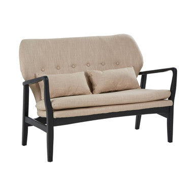 Beige futon sofa with black frame on a white background