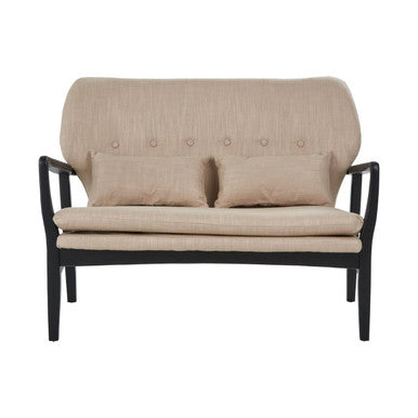 Beige sofa with black frame on a white background