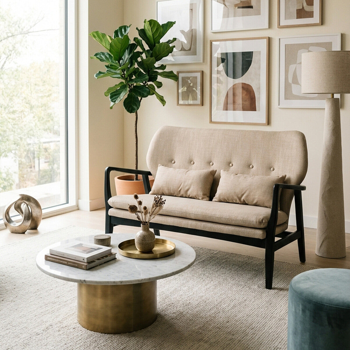 2 Seater Beige Sofa with Black Wood Frame, Stockholm