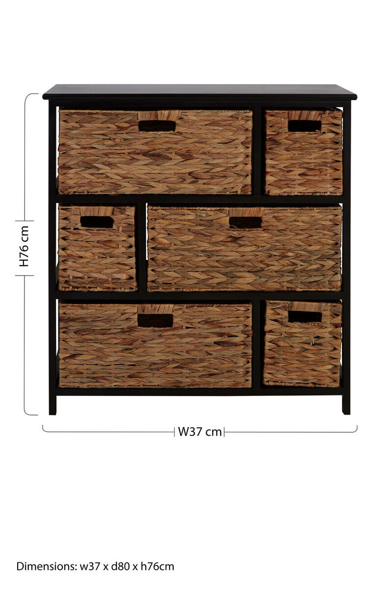 Padstow Black Storage Unit with 6 Water Hyacinth Drawers