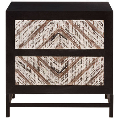 Black nightstand with patterned drawer fronts on a white background