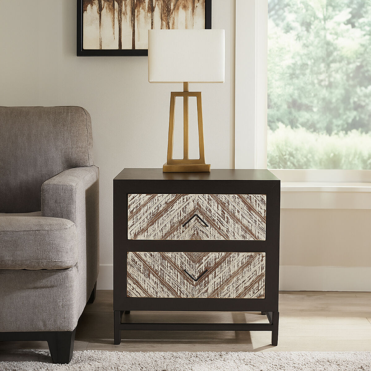 Black Wooden 2-Drawer Bedside Table with Chevron Pattern Drawer Fronts and Metal Handles, Lombok