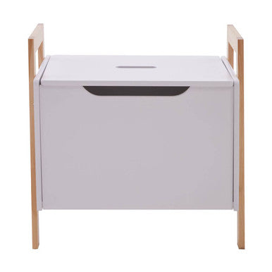 White storage bench with wooden legs on a white background