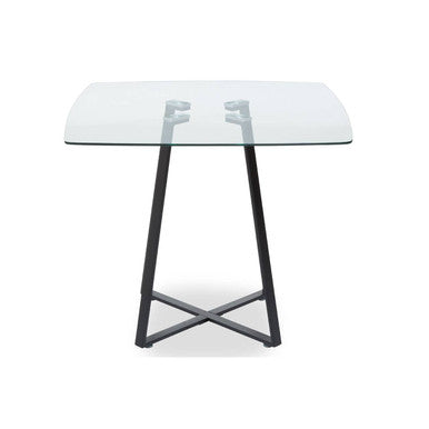 Glass table with black metal legs on a white background