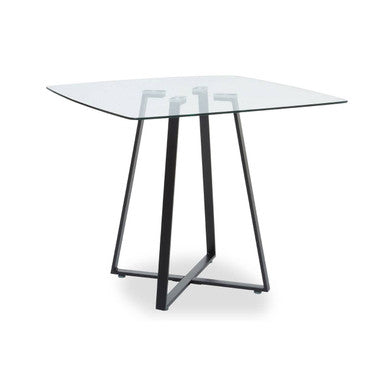 Glass table with black metal legs on a white background