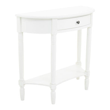 White half-moon table with a drawer on a white background