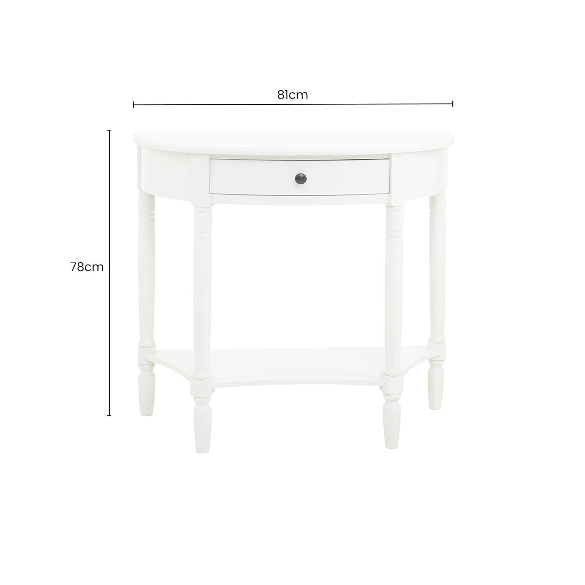 Half Moon White Wooden Console Table with One Drawer and Lower Shelf, Heritage