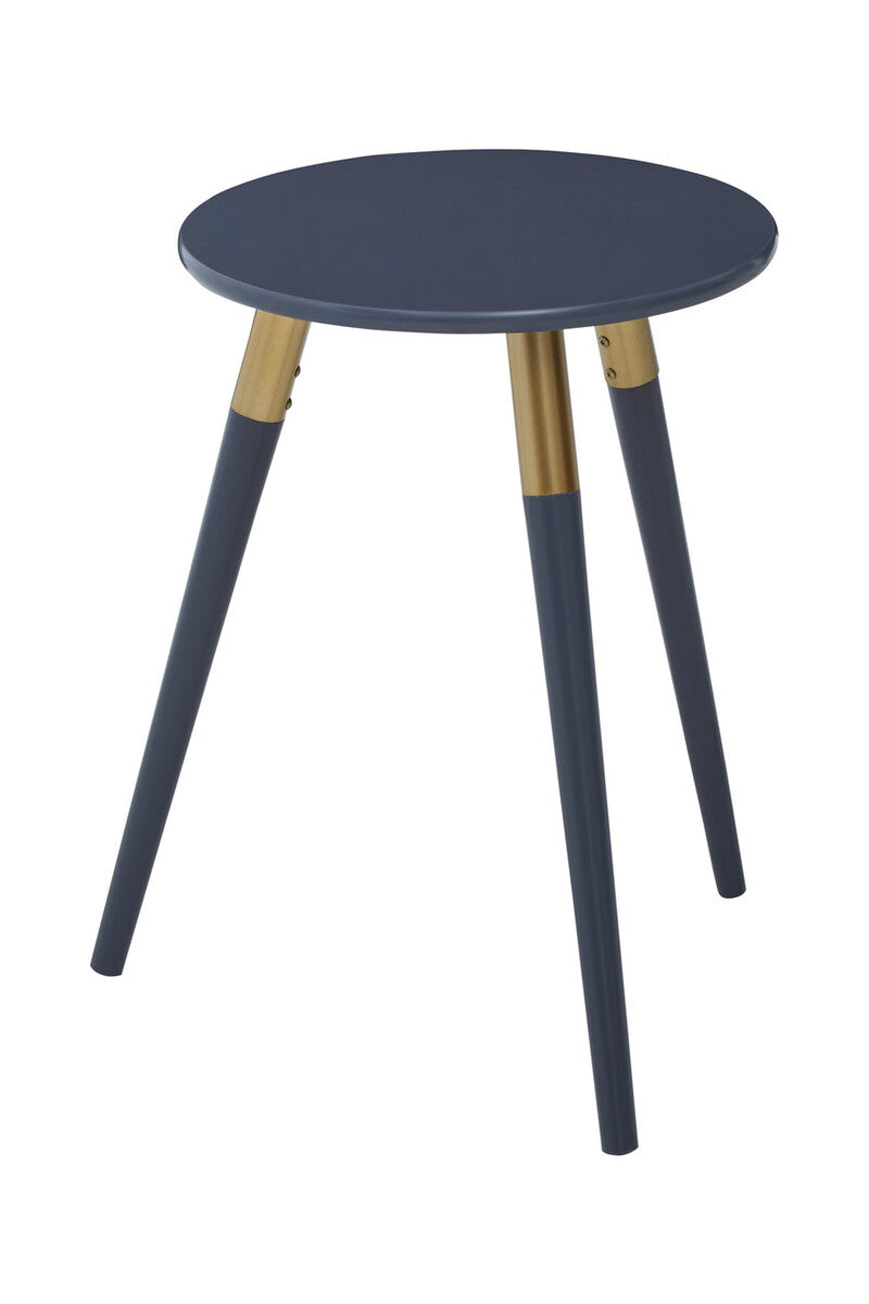 Dark Grey Round Top Wooden Side Table with Natural Wood Legs and Gold Trim, Nostra
