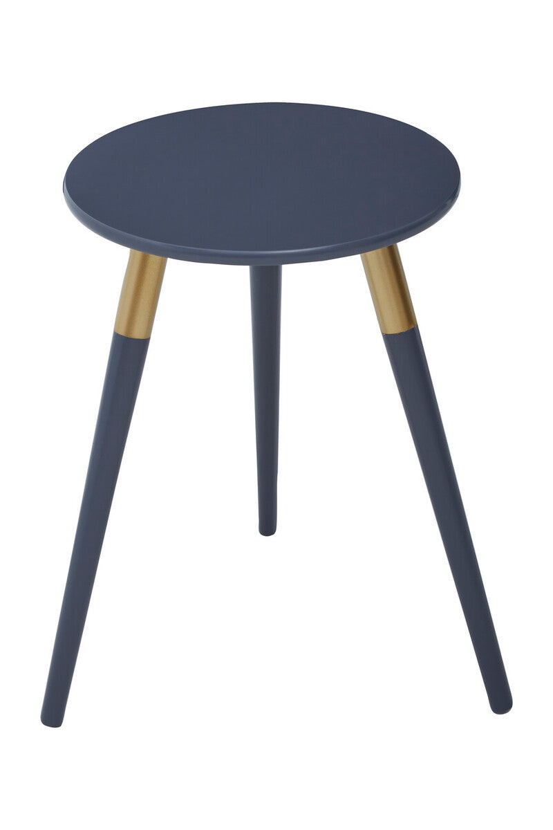 Dark Grey Round Top Wooden Side Table with Natural Wood Legs and Gold Trim, Nostra