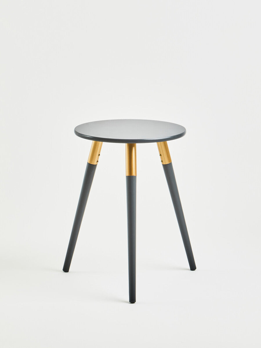 Dark Grey Round Top Wooden Side Table with Natural Wood Legs and Gold Trim, Nostra