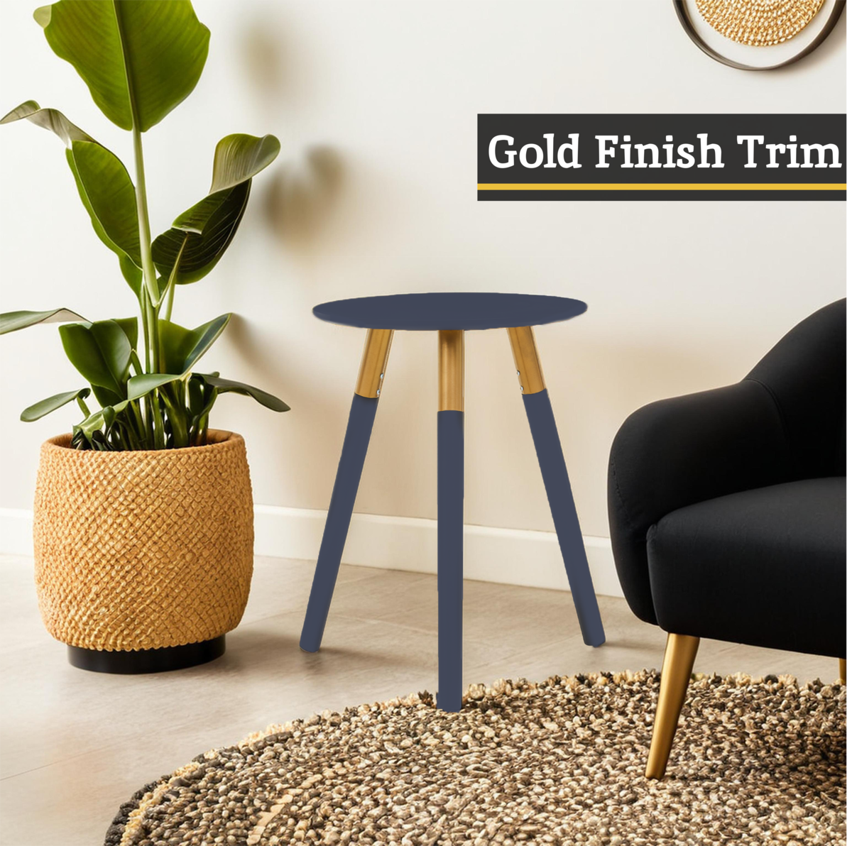 Dark Grey Round Top Wooden Side Table with Natural Wood Legs and Gold Trim, Nostra