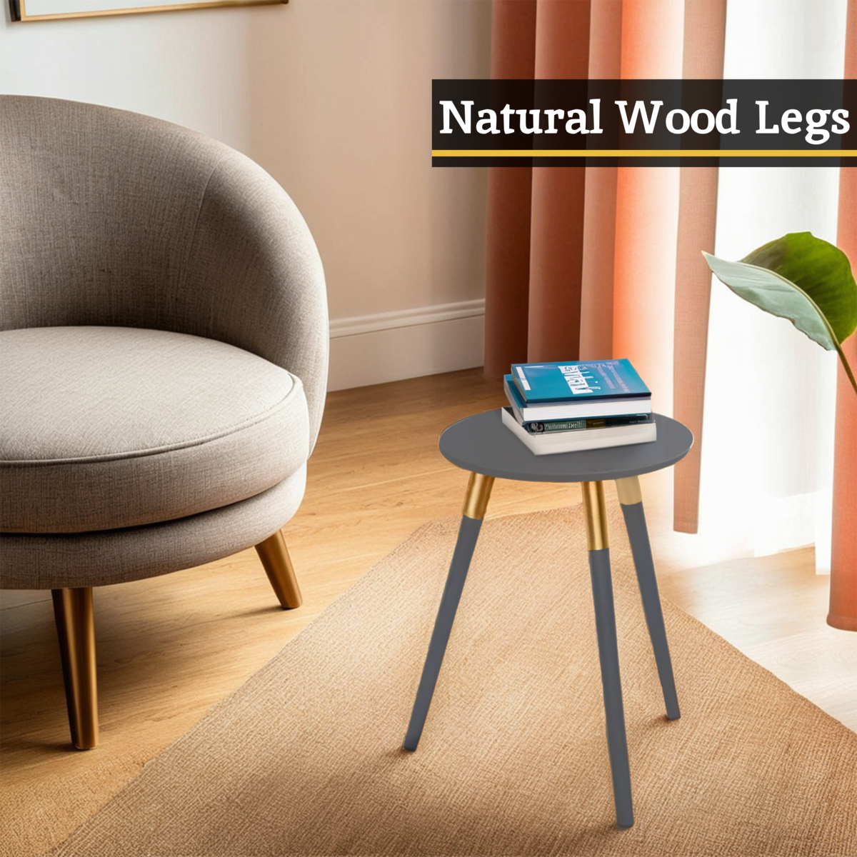 Dark Grey Round Top Wooden Side Table with Natural Wood Legs and Gold Trim, Nostra