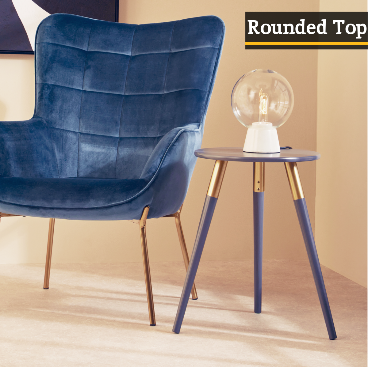 Dark Grey Round Top Wooden Side Table with Natural Wood Legs and Gold Trim, Nostra