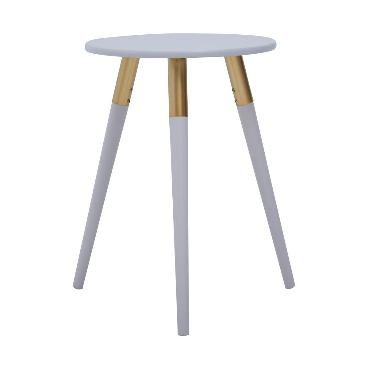 Small round table with white top and grayish-white legs on a white background