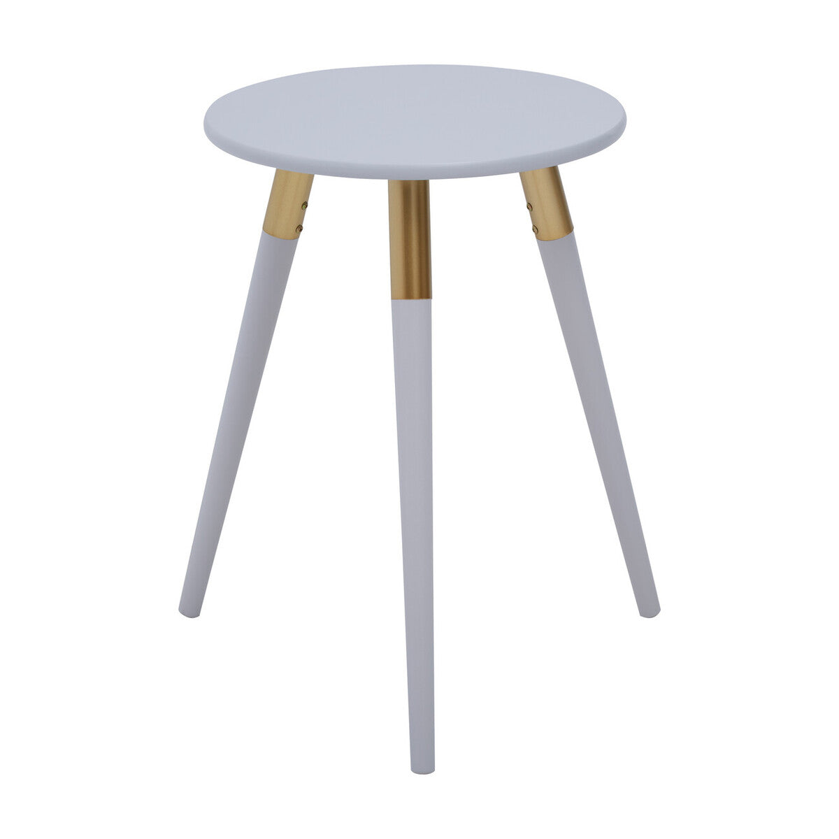 Light Grey Round Top Wooden Side Table with Natural Wood Legs and Gold Trim, Nostra
