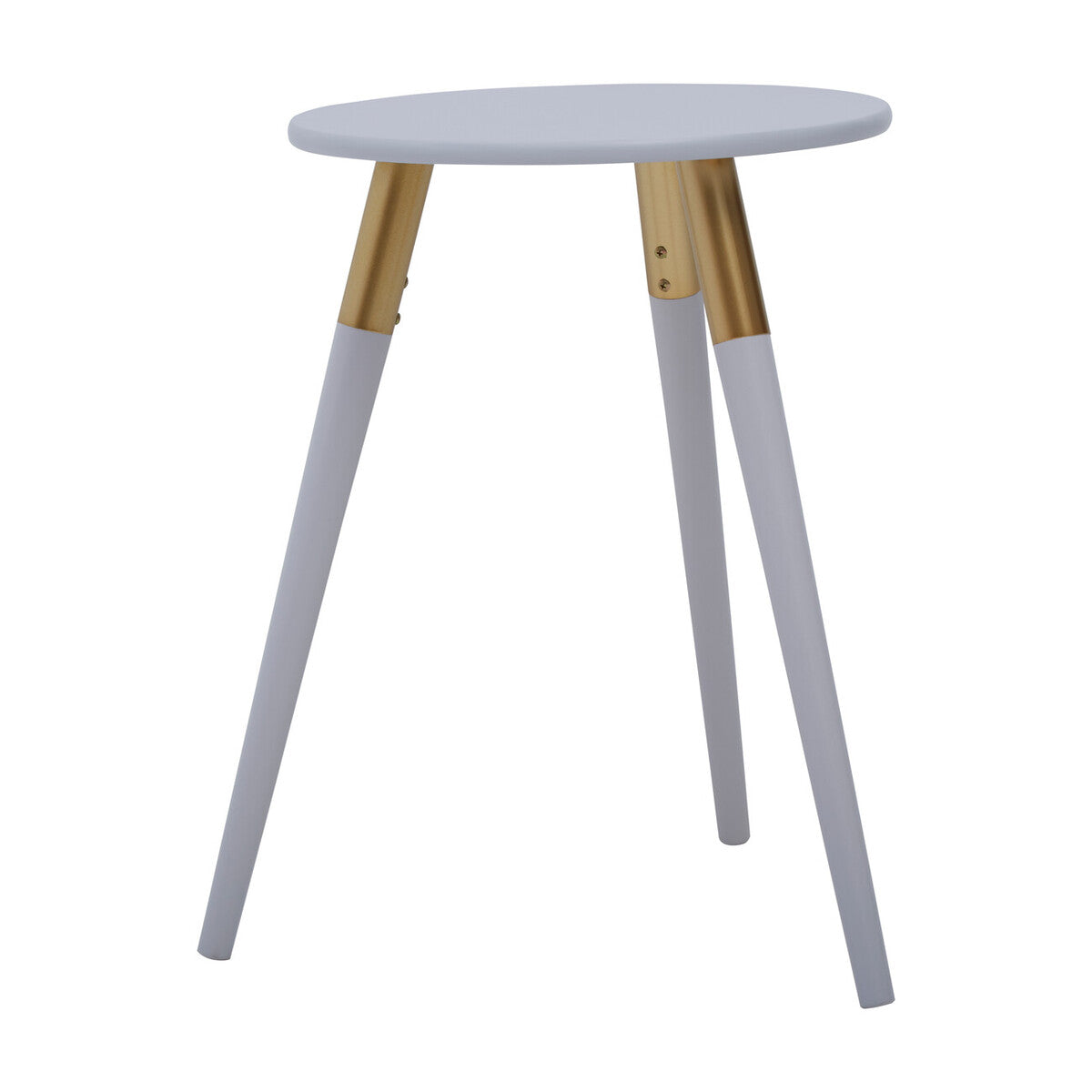 Light Grey Round Top Wooden Side Table with Natural Wood Legs and Gold Trim, Nostra