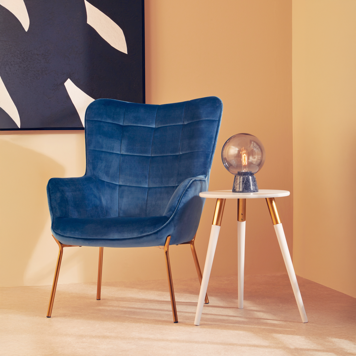 Light Grey Round Top Wooden Side Table with Natural Wood Legs and Gold Trim, Nostra