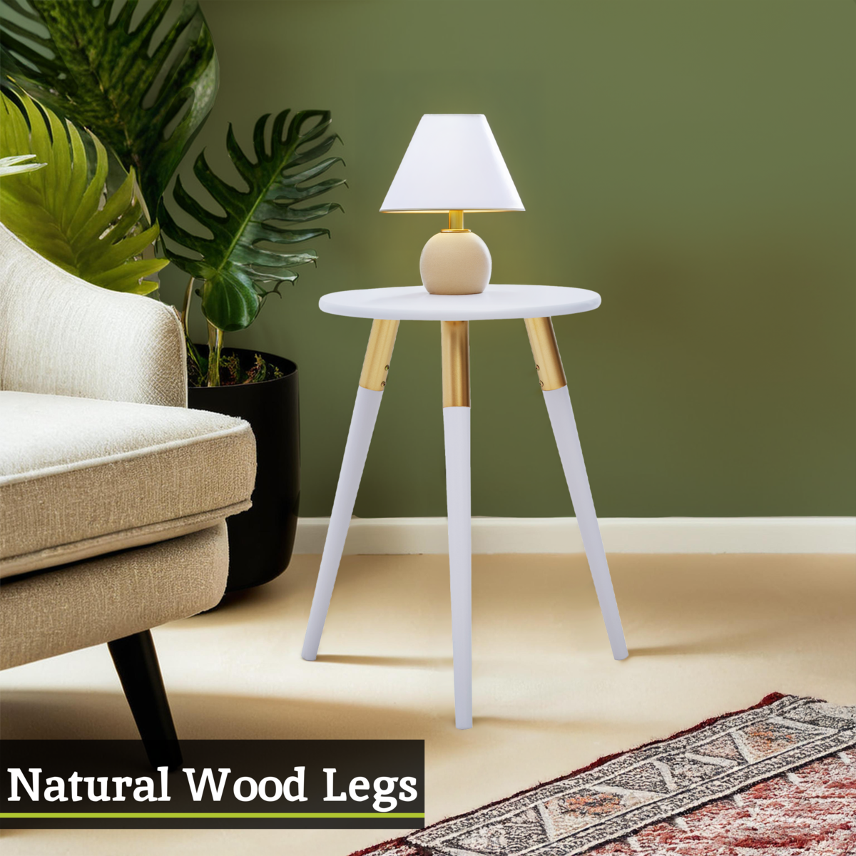 Light Grey Round Top Wooden Side Table with Natural Wood Legs and Gold Trim, Nostra