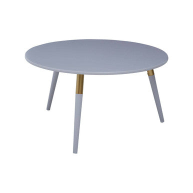 Round table with light gray top and white legs on a white background