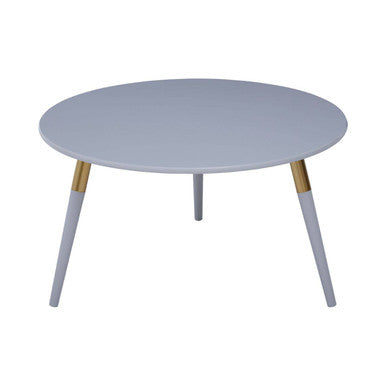 Light Grey Round Top Wooden Coffee Table with Natural Wood Legs and Gold Trim, Nostra