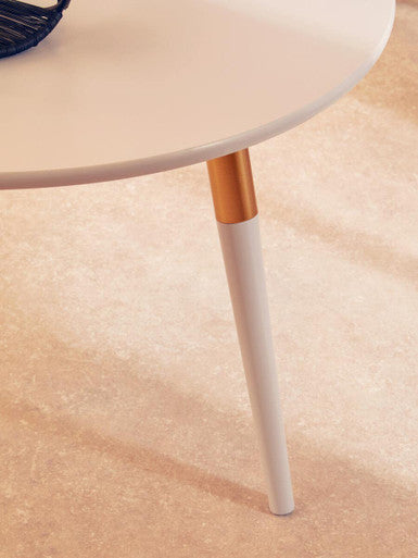 Light Grey Round Top Wooden Coffee Table with Natural Wood Legs and Gold Trim, Nostra