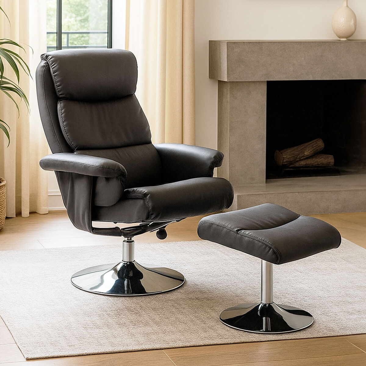 Black recliner chair with ottoman in a living room setting