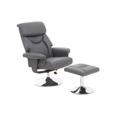 Gray recliner chair with ottoman on a white background