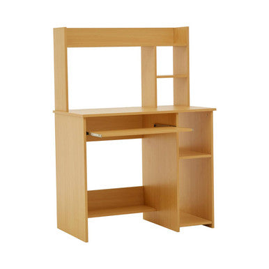 Wooden desk with shelves on a white background
