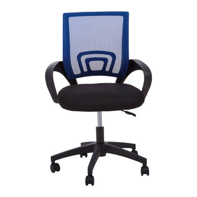 Black office chair with blue mesh backrest on a white background