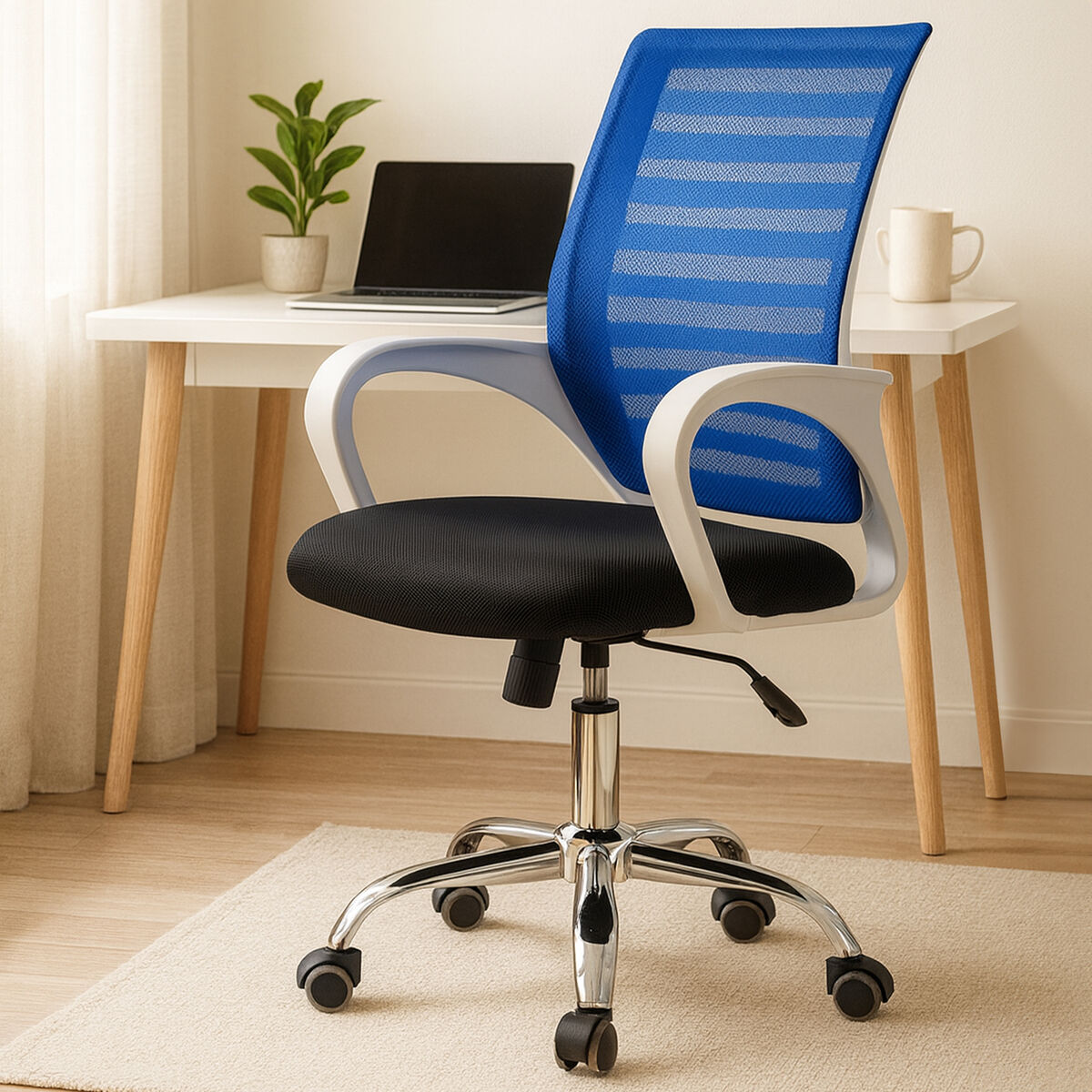 Blue office chair in a home office setting with a desk and laptop.