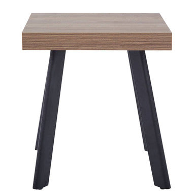 Small wooden table with black metal legs on a white background