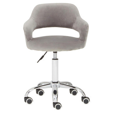 Gray office chair with a chrome base on a white background