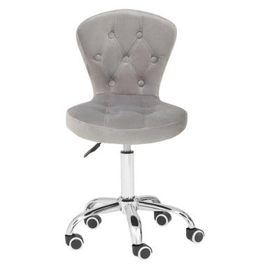 Gray tufted office chair with wheels on a white background