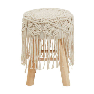 Stool with macrame top and wooden legs on a white background