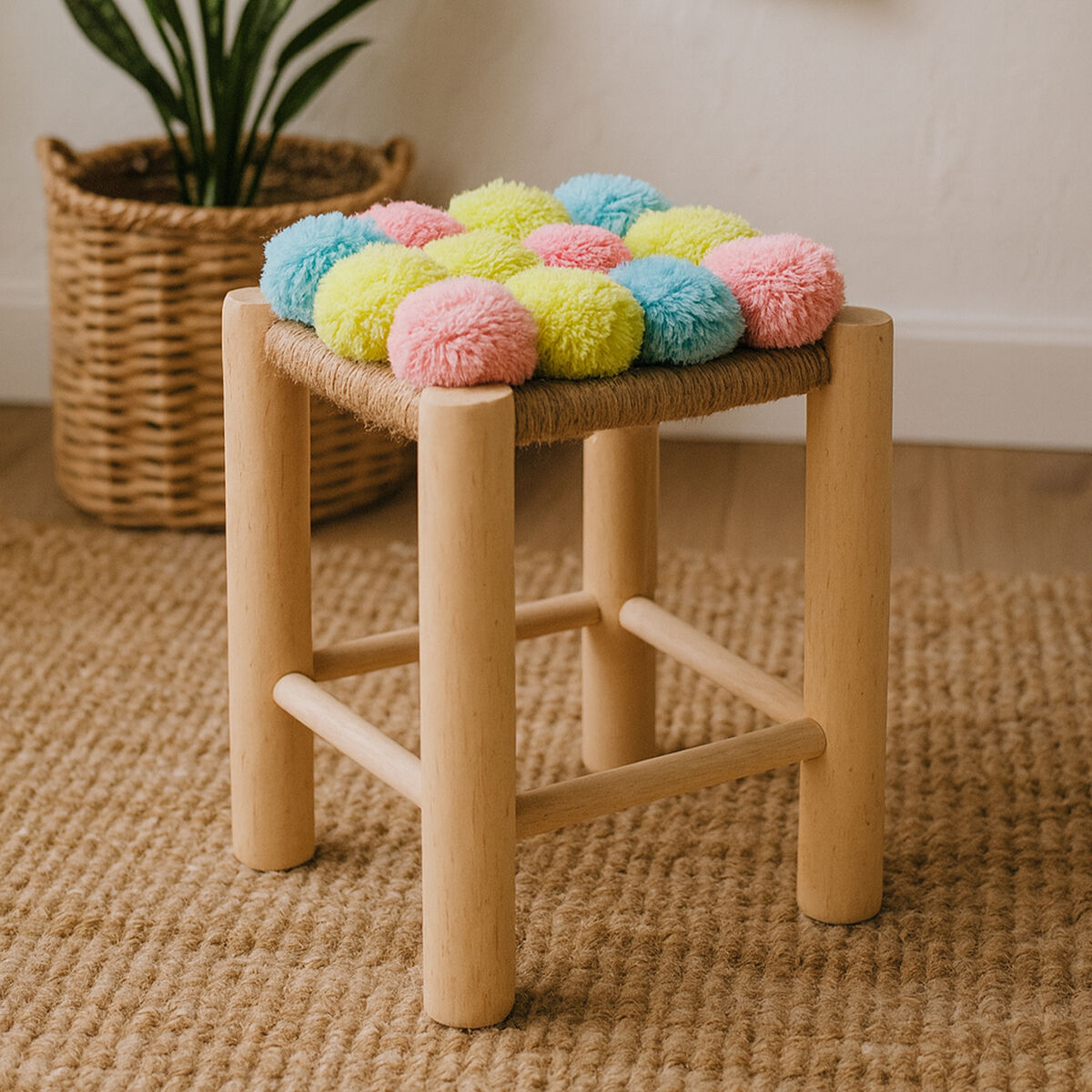 West Village Pink Blue and Yellow Pom Stool
