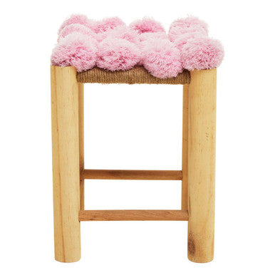 Wooden bar stool with pink fluffy cushion on a white background