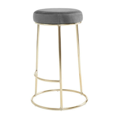 Bar stool with gray cushioned seat and gold metal frame on a white background
