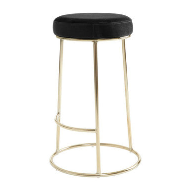 Bar stool with black cushioned seat and gold metal frame on a white background