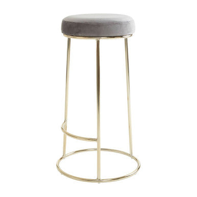 Bar stool with gold metal frame and gray cushioned seat on a white background