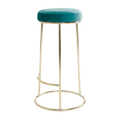 Bar stool with teal cushioned seat and gold metal frame on a white background