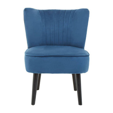 Blue upholstered chair with dark wood legs on a white background