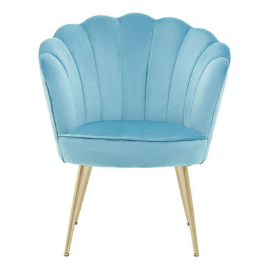 Blue shell-shaped chair with gold legs on a white background