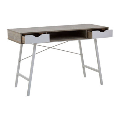 Light Oak Veneer Effect 2 Drawer Desk in White Finish Frame | Bradbury