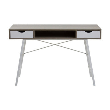Modern desk with white legs and a light gray top on a white background